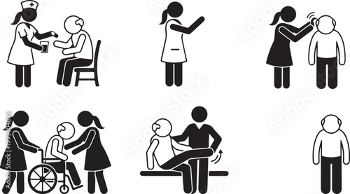 Caregiver assisting elderly person with medical needs and mobility Vector Silhouette Isolated on white background