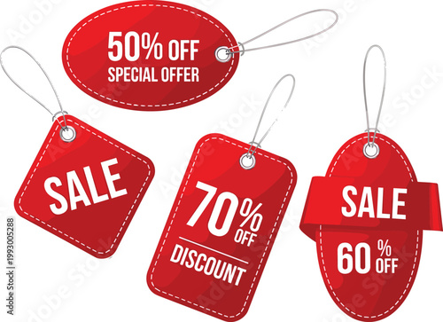 Red Sale Tags and Discount Labels Set with 50 Percent Off 60 Percent Off and 70 Percent Special Offer Vector Collection
