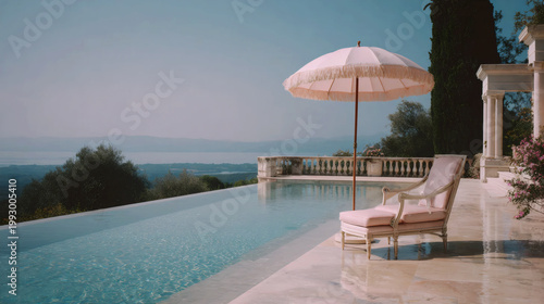 Elegant luxury poolside scene with lounge chair and parasol at a Mediterranean villa, serene summer travel destination with panoramic sea view