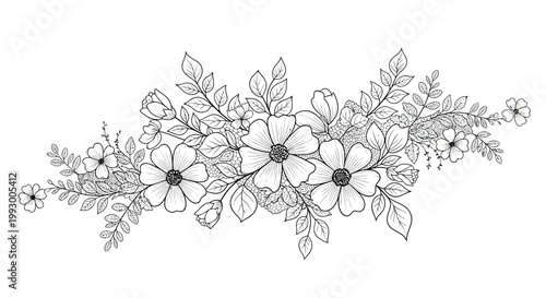 Delicate floral arrangement with detailed botanical line art in monochrome