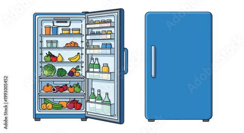 Open refrigerator displaying various food items and a closed freezer
