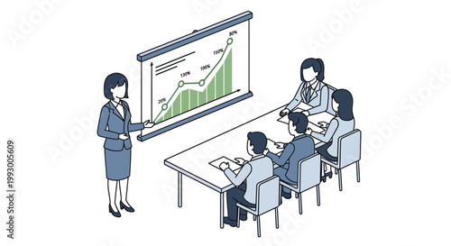 Business presentation with a rising graph and a team in a meeting