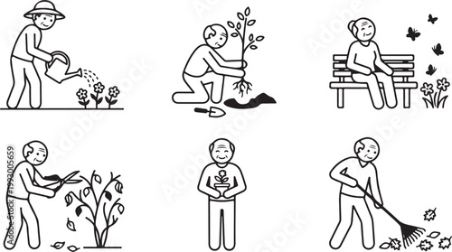 Gardening activities with people watering planting pruning raking and resting Isolated on white background