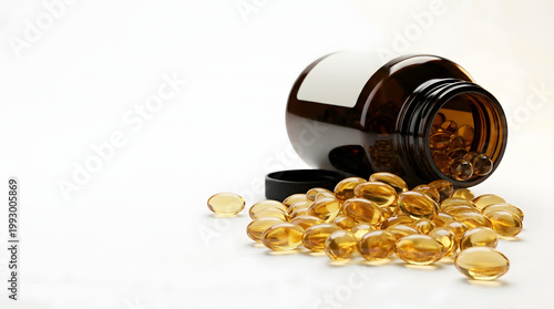 Translucent golden softgel capsules spilling from an amber medicine bottle on a white surface.