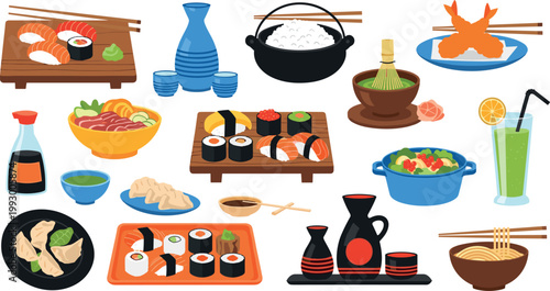 Japanese Food Icon Set with Sushi, Ramen, Rice, Sake, and Asian Cuisine Symbols for Restaurant, Menu, and Digital Media Designs