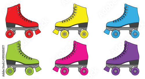 Colorful cartoon illustration of six pairs of quad roller skates