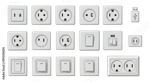 Collection of various electrical outlets and wall switches displayed on white