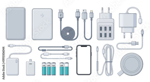 Assorted collection of modern mobile device chargers and power accessories