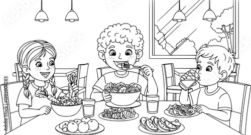 Family mealtime children enjoying a healthy lunch together at the table