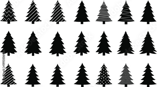 Christmas tree silhouettes collection various fir pine holiday trees icons black festive symbols isolated on white background minimal design