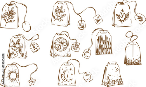 Set of hand drawn tea bags with different herbal and fruit flavors, , handdrawn engraving style illustration