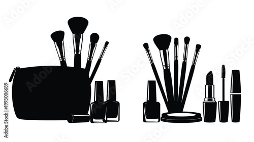 Cosmetic tools and products arranged a striking black silhouette