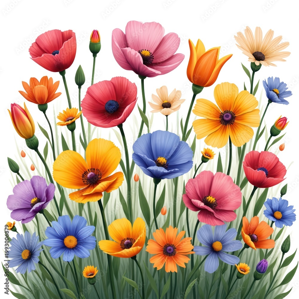 Fototapeta premium Assorted vibrant wildflowers bloom in a grassy field. Red, pink, orange, yellow, and blue petals reach skyward. Tall green stems support summer blossoms in a natural garden setting.