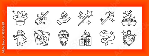Magic wizard set icon. Rabbit hat, flying broom, fire hand, star wand, magic wand, spell book, voodoo doll, tarot cards, skull symbol, candle set, ghost shape, potion bottle.