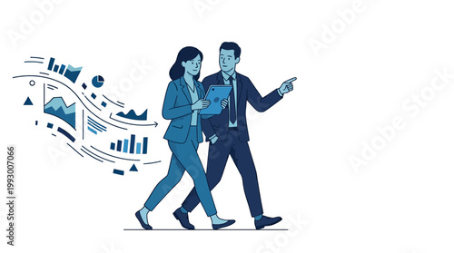 Corporate team walking and negotiating past dynamic floating business graphs. Full-body illustration material of a man and woman engaged in data-driven discussion.