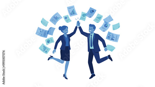 A business team celebrating with upward charts in the background. Full body illustration material of happy employees jumping to celebrate completed tasks and success.