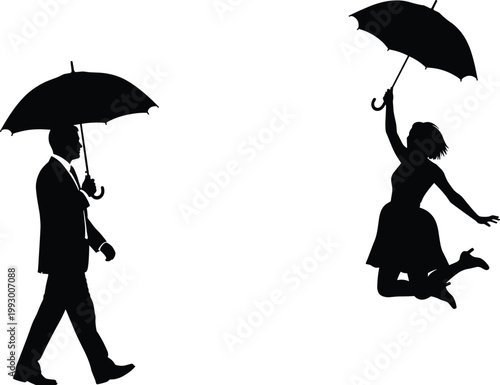 Man and woman umbrella silhouettes vector illustration, walking and jumping poses, rainy day concept black design isolated on white background