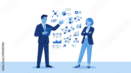 Business people analyzing digital networks and graphs. Full body illustration material of a man presenting data on a tablet to a listening woman.
