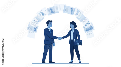 Business people making a deal with floating graph documents. Full body illustration material of a man and a woman shaking hands for a successful partnership.