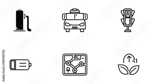 Ecology transportation symbols: A set of icons representing electric vehicle charging, public transport, smart traffic management, battery charge, smart navigation, and ecological sustainability.