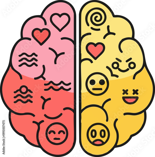 A vibrant flat design illustration of the right brain hemisphere featuring warm colors and emotional icons, symbolizing the side of the brain responsible for feelings and creativity.