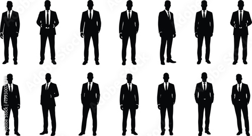 Set of businessman silhouettes in formal suits, professional male figures collection for corporate presentation, office design, and leadership concept