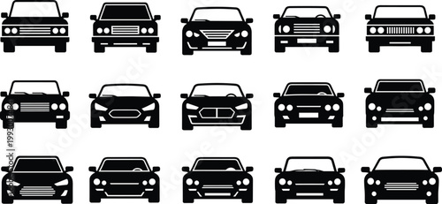 Set of car front view silhouettes, automobile vector icon collection for transportation, automotive design, vehicle branding, and UI interface use