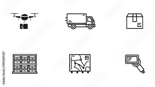 Logistics Icons: Set of detailed, graphic, black and white line icons representing various elements of modern logistics, including drone delivery, a delivery truck, packages, warehouse storage.