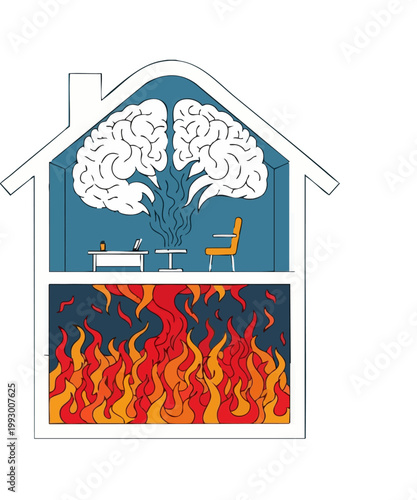 A flat design illustration of a brain-shaped house where chaotic emotions from the lower floor overwhelm the logical upper floor, depicting a child's tantrum and brain development.