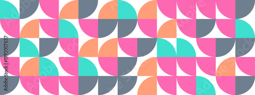 A seamless, abstract background featuring a tessellation of colorful geometric shapes, including quarter circles and squares, in a playful arrangement