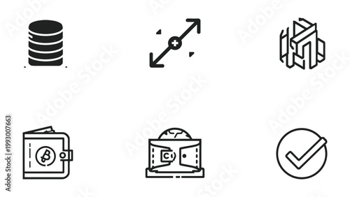 Digital Transformation Icons Set: A carefully curated set of minimalist icons representing key elements of the digital and technology landscape, presented in a clean, crisp, and modern design.