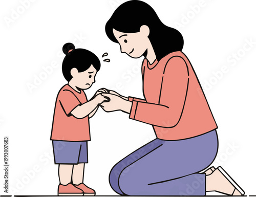 Calm mother kneels to connect with her upset child at eye level. This 2D vector illustration depicts empathy, patience, and supportive parenting in a modern minimalist flat design style.