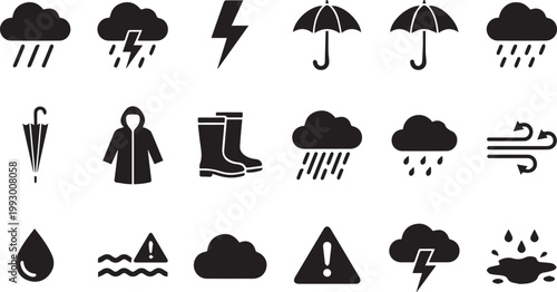 Rainy Weather And Monsoon Icons For August Event Safety Awareness
