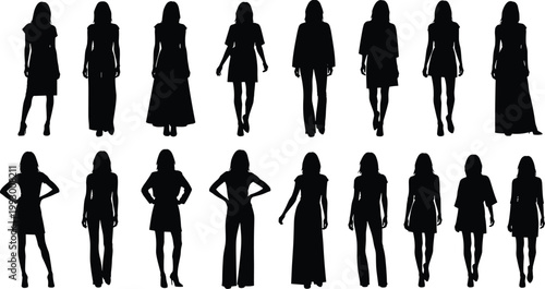Women silhouette collection featuring female figures in casual and elegant standing poses with diverse styles isolated on white background for fashion and design use