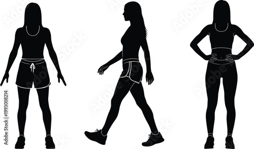 Woman silhouette set vector illustration, standing and walking female figures, casual outfit poses, black design isolated on white background