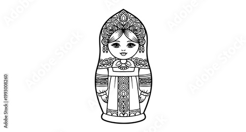 Intricate black and white illustration of a traditional russian matryoshka doll