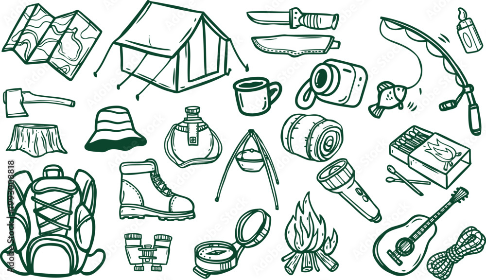 Fototapeta premium Hand drawn camping doodle set with tent, campfire, backpack, compass & hiking gear. Perfect for outdoor adventure, nature & wilderness branding and print.