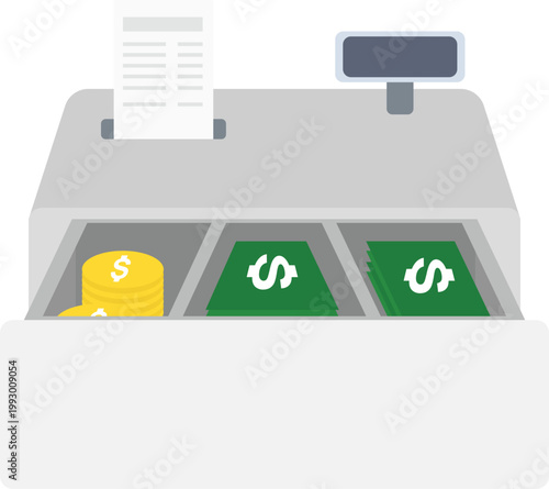 Flat design vector of a grey cash register machine. The illustration features an open drawer filled with stacks of green dollar bills and gold coins, alongside a printed paper receipt.