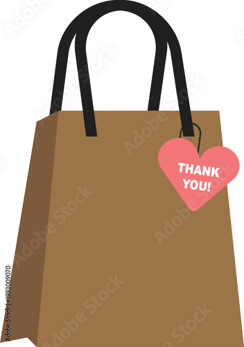 Vector illustration of a brown paper shopping bag featuring a pink heart-shaped tag with the text "Thank You!". It represents customer appreciation, retail loyalty, and eco-friendly packaging
