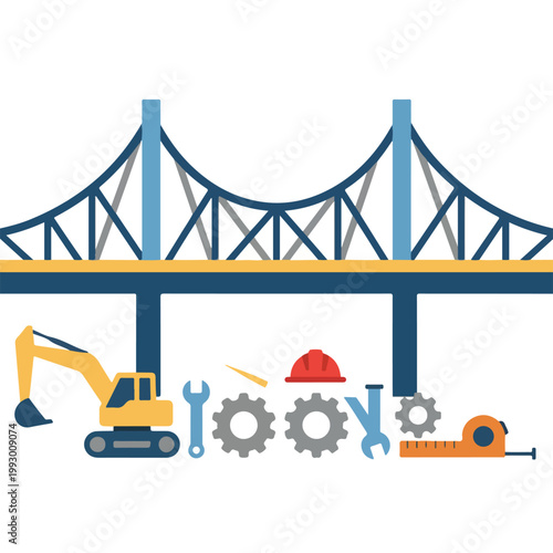 This vector illustration features a blue suspension bridge above construction icons like an excavator, gears, a hard hat, and tools.