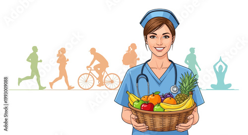 A smiling female nurse holding a woven basket full of fresh fruits and vegetables.