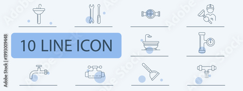 Plumbing service set icon. Sink tools pipe worker toilet drain valve tap system repair maintenance water bathroom equipment installation service pipeline.
