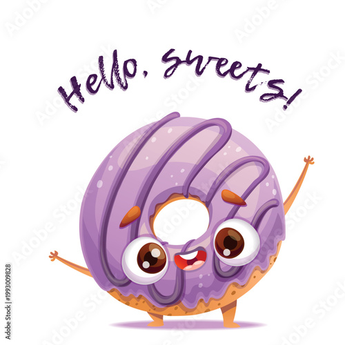 A whimsical, colorful purple donut character cheerfully exclaiming, Hello, sweets with an inviting smile