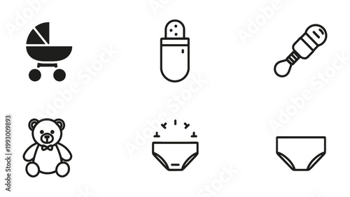 Baby Essentials Icon Set: A collection of simple, black and white line icons representing essential items for a baby, perfect for graphic design.