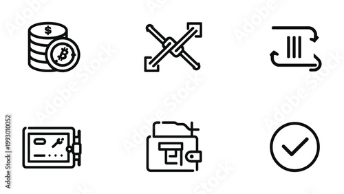 Bitcoin and Fintech Icons: A set of six meticulously crafted line art icons represents various aspects of the cryptocurrency world and the Fintech industry. Each icon.