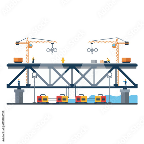 This flat vector illustration showcases a construction site where workers and cranes are actively building a truss bridge over water.