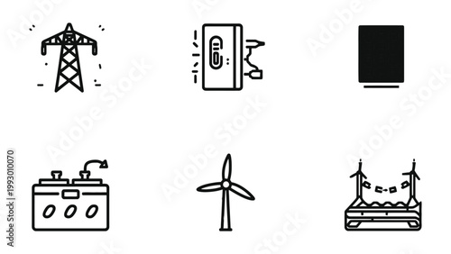 Green Energy Icon Set: This set of minimalist icons depicts the essence of renewable energy sources, showcasing wind turbines, solar panels, and electrical towers.