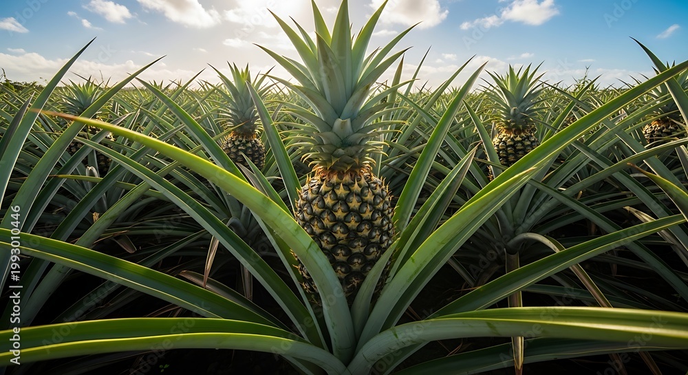 Fototapeta premium Vibrant Pineapple Field Under a Clear Sky - Tropical Fruit Cultivation.