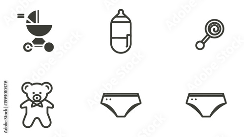 Essential Baby Essentials: A delightful collection of baby essentials, presented in simple line art, evoking feelings of innocence, care, and the preciousness of new life.