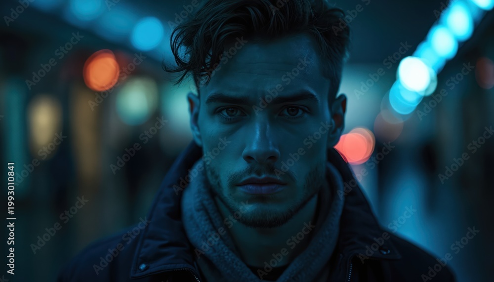Fototapeta premium Young man looks seriously into camera, lit by blue neon. Blurred city lights create bokeh background. Dark, moody portrait with modern, urban vibe. Intense gaze, sharp features, stylish scarf.